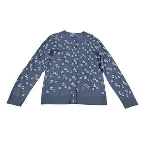 Karen Scott Anchor Cardigan MOP Buttons Coastal Grandma Nautical Sweater L